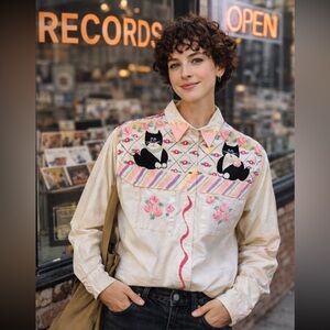 Chic Embroidered Cat Button Down Shirt